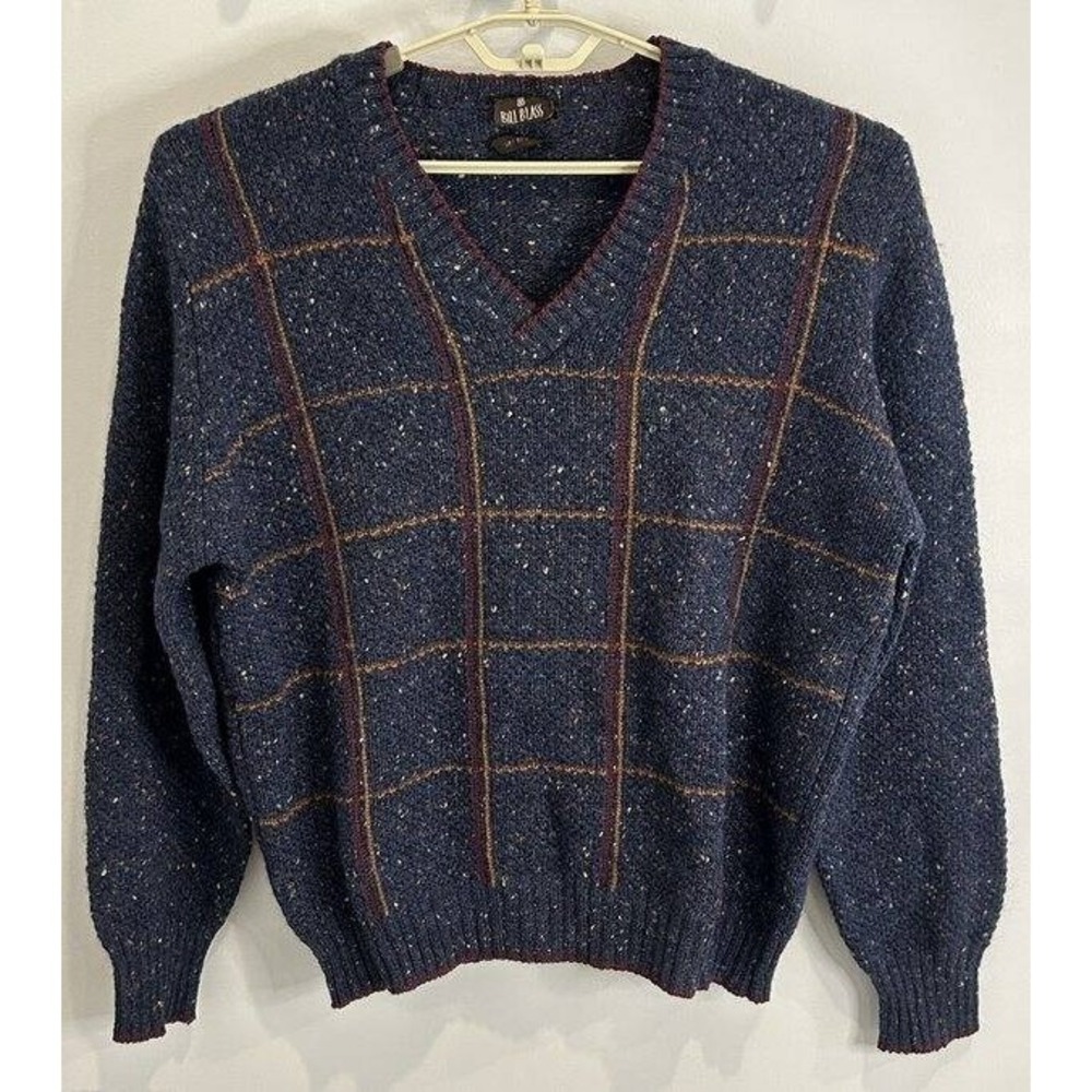 Vintage Bill Blass Donegal Wool Mens V Neck Sweater Blue Fleck Stripe Size L